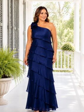 Xscape Ruffle One-Shoulder Tiered Charmeuse Gown Sz 10 MSRP $269